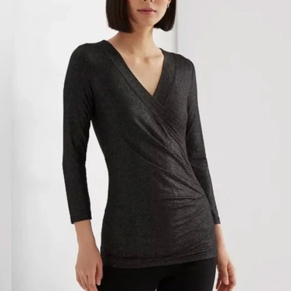 NWT Lauren Ralph Lauren Metallic Wrap Top Black Silver PS